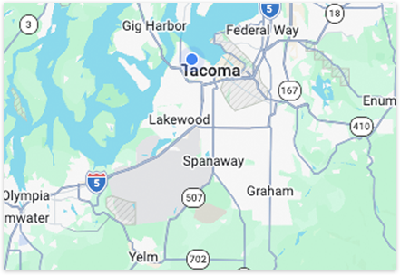 Map of Stack Service Plumbing's service area: throughout Tacoma, Pierce County, and Northern Pierce County